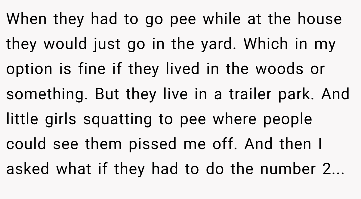 When they had to go pee while at the house they would just go in the yard. Which in my option is fine if they lived in the woods or something. But they live in a trailer park. And little girls squatting to pee where people could see them pissed me off. And then I asked what if they had to do the number 2...