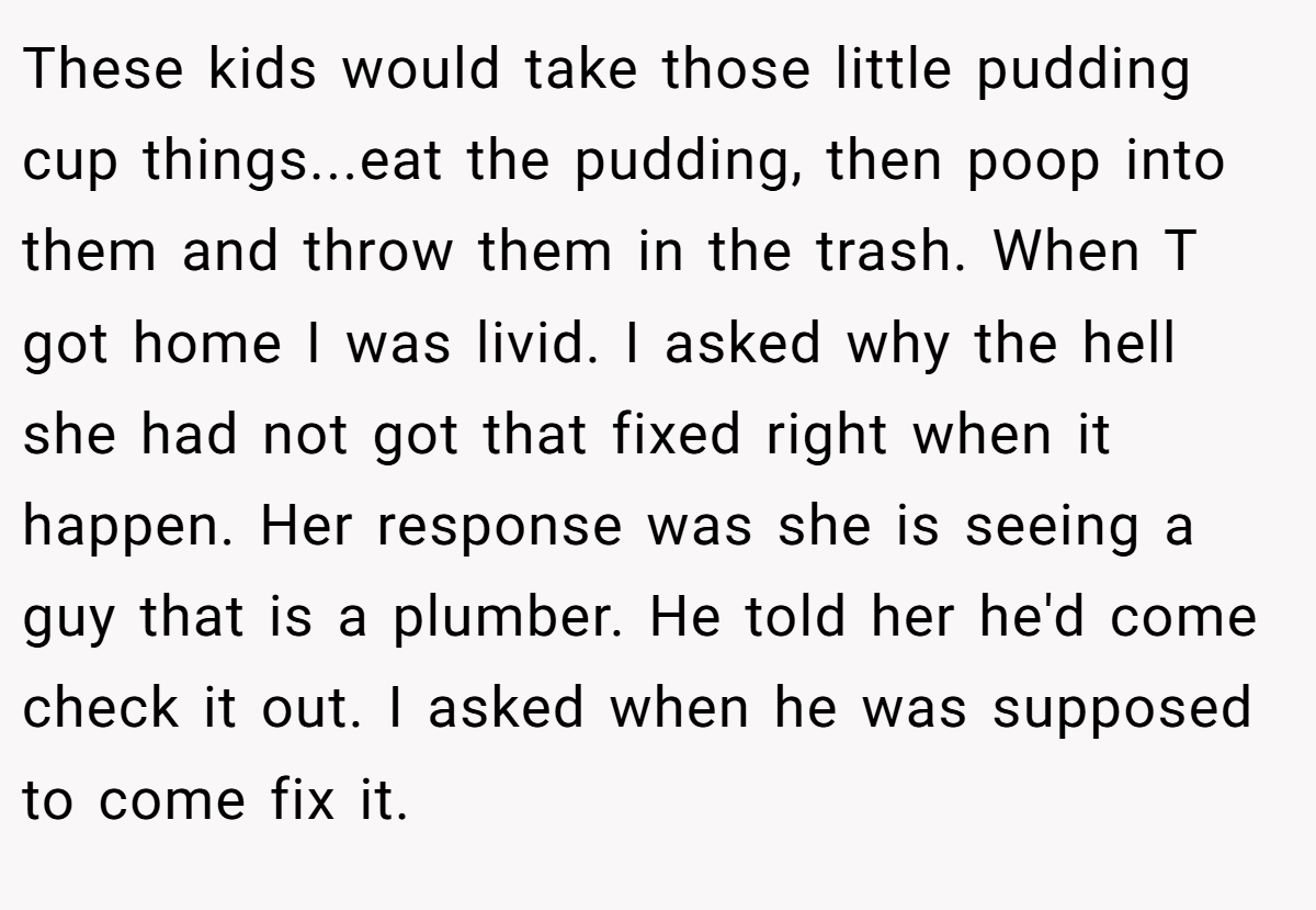 These kids would take those little pudding cup things...eat the pudding, then poop into them and throw them in the trash. When T got home I was livid. I asked why the hell she had not got that fixed right when it happen. Her response was she is seeing a guy that is a plumber. He told her he'd come check it out. I asked when he was supposed to come fix it.
