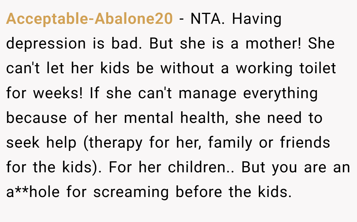 Acceptable-Abalone20 - NTA. Having depression is bad. But she is a mother! She can't let her kids be without a working toilet for weeks! If she can't manage everything because of her mental health, she need to seek help (therapy for her, family or friends for the kids). For her children.. But you are an a**hole for screaming before the kids.
