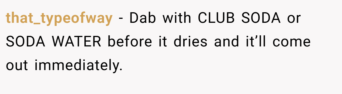 that_typeofway − Dab with CLUB SODA or SODA WATER before it dries and it’ll come out immediately.