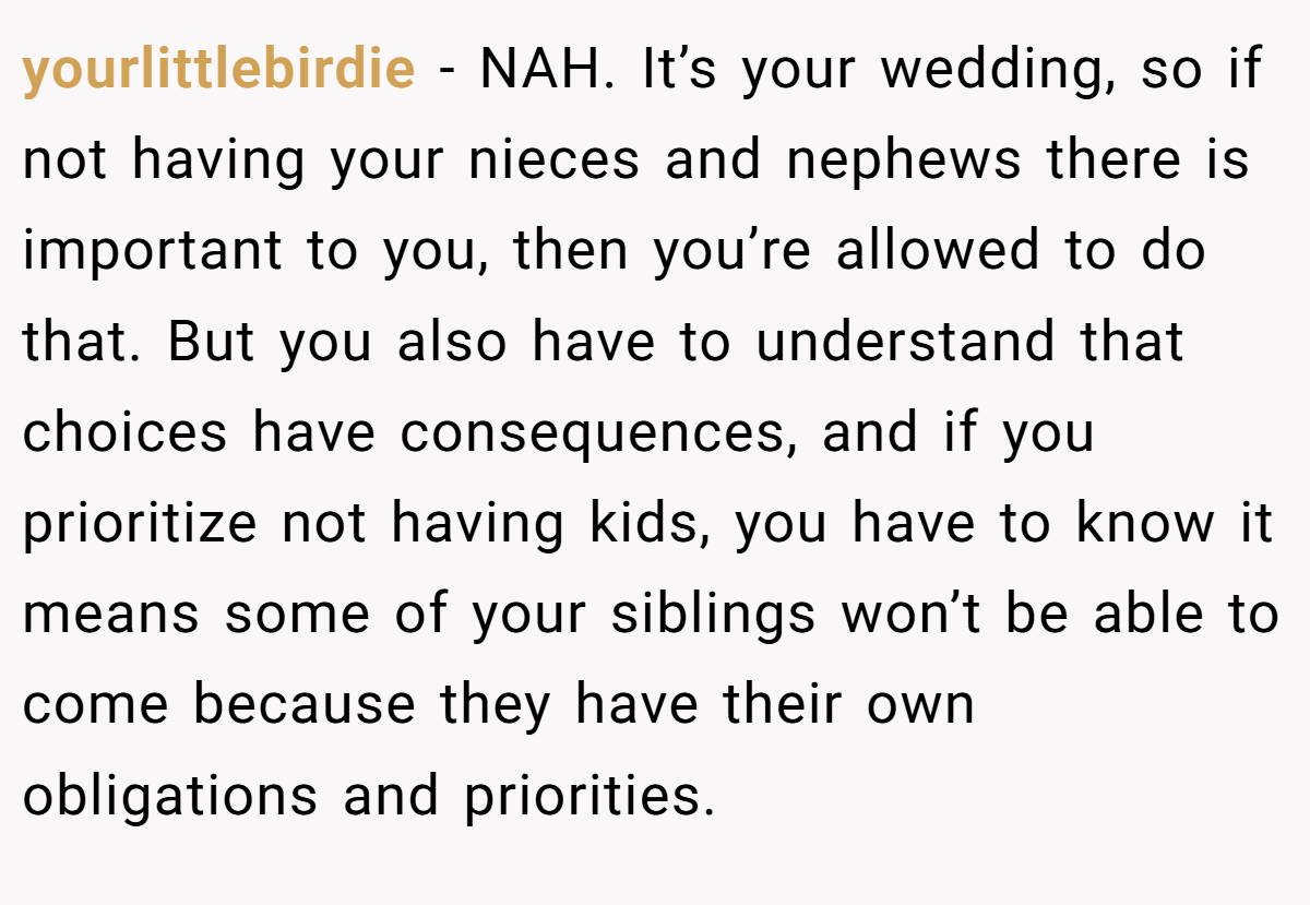 yourlittlebirdie - NAH. It’s your wedding, so if not having your nieces and nephews there is important to you, then you’re allowed to do that. But you also have to understand that choices have consequences, and if you prioritize not having kids, you have to know it means some of your siblings won’t be able to come because they have their own obligations and priorities.