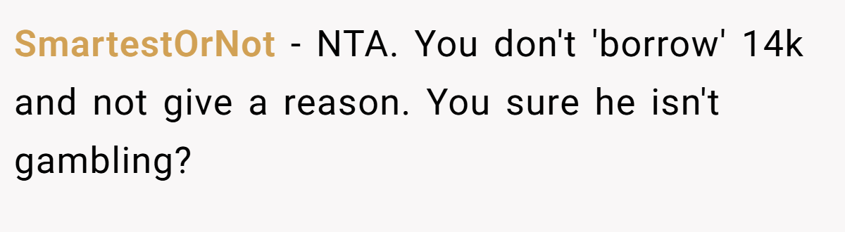 SmartestOrNot − NTA. You don't 'borrow' 14k and not give a reason. You sure he isn't gambling?