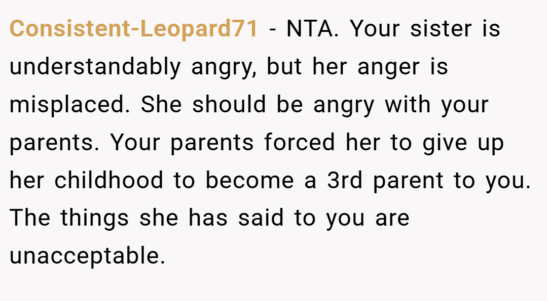 Consistent-Leopard71 − NTA. Your sister is understandably angry, but her anger is misplaced. She should be angry with your parents. Your parents forced her to give up her childhood to become a 3rd parent to you. The things she has said to you are unacceptable.