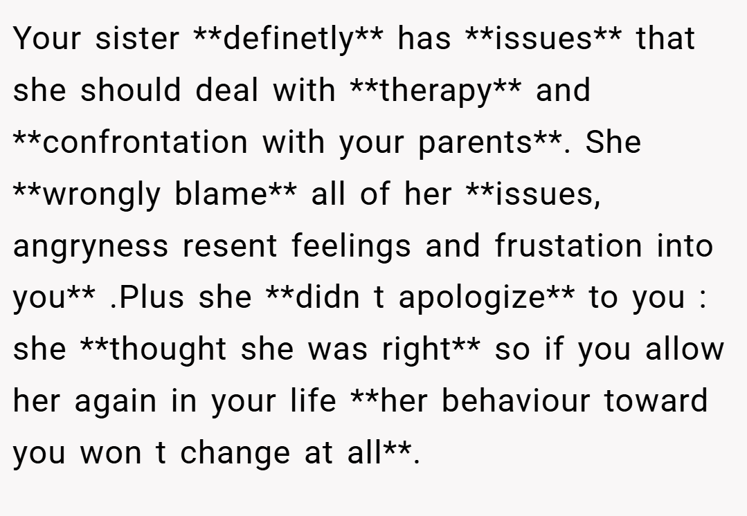 Your sister **definetly** has **issues** that she should deal with **therapy** and **confrontation with your parents**. She **wrongly blame** all of her **issues, angryness resent feelings and frustation into you** .Plus she **didn t apologize** to you : she **thought she was right** so if you allow her again in your life **her behaviour toward you won t change at all**.