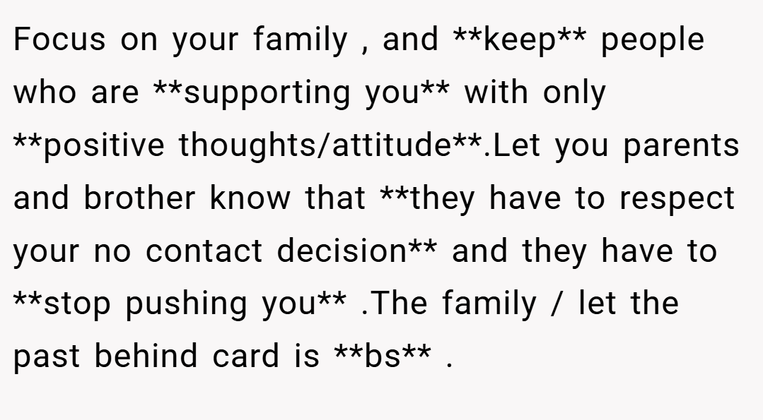 Focus on your family , and **keep** people who are **supporting you** with only **positive thoughts/attitude**.Let you parents and brother know that **they have to respect your no contact decision** and they have to **stop pushing you** .The family / let the past behind card is **bs** .