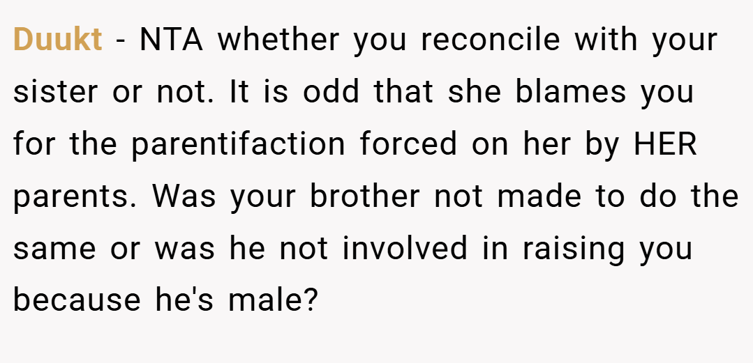 Duukt − NTA whether you reconcile with your sister or not. It is odd that she blames you for the parentifaction forced on her by HER parents. Was your brother not made to do the same or was he not involved in raising you because he's male?