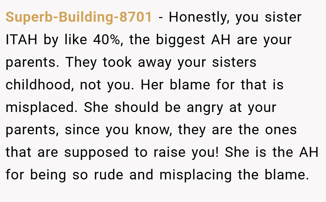 Superb-Building-8701 − Honestly, you sister ITAH by like 40%, the biggest AH are your parents. They took away your sisters childhood, not you. Her blame for that is misplaced. She should be angry at your parents, since you know, they are the ones that are supposed to raise you! She is the AH for being so rude and misplacing the blame.