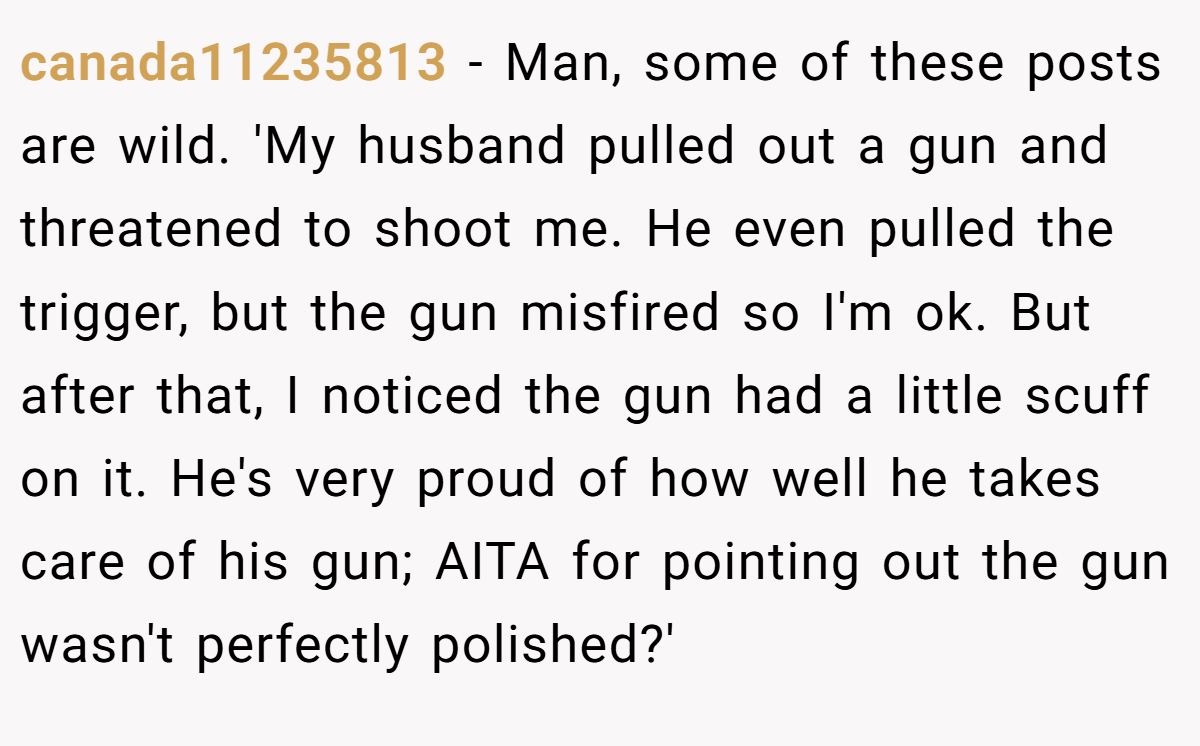 canada11235813 - Man, some of these posts are wild. 'My husband pulled out a gun and threatened to shoot me. He even pulled the trigger, but the gun misfired so I'm ok. But after that, I noticed the gun had a little scuff on it. He's very proud of how well he takes care of his gun; AITA for pointing out the gun wasn't perfectly polished?'