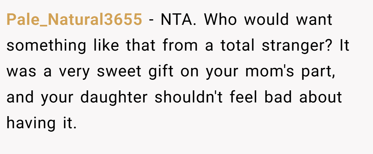 Pale_Natural3655 - NTA. Who would want something like that from a total stranger? It was a very sweet gift on your mom's part, and your daughter shouldn't feel bad about having it.