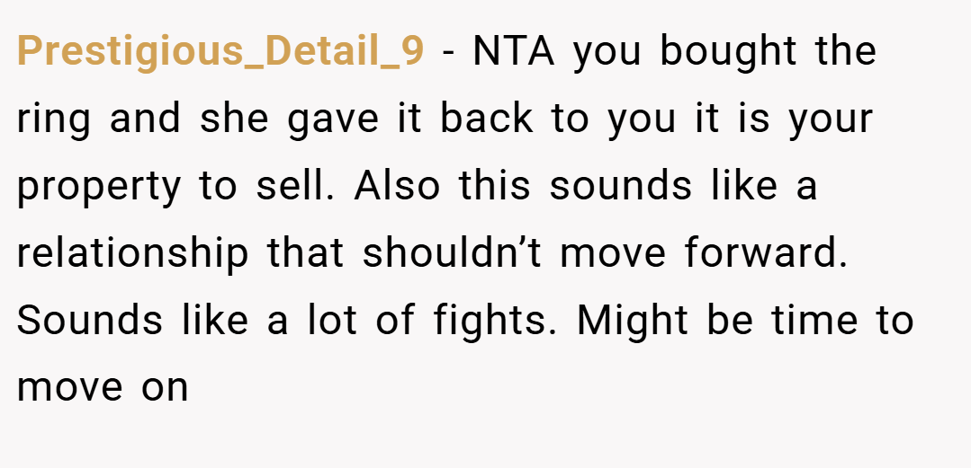 Prestigious_Detail_9 − NTA you bought the ring and she gave it back to you it is your property to sell. Also this sounds like a relationship that shouldn’t move forward. Sounds like a lot of fights. Might be time to move on