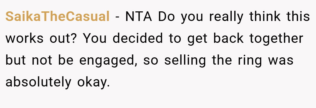 SaikaTheCasual − NTA Do you really think this works out? You decided to get back together but not be engaged, so selling the ring was absolutely okay.