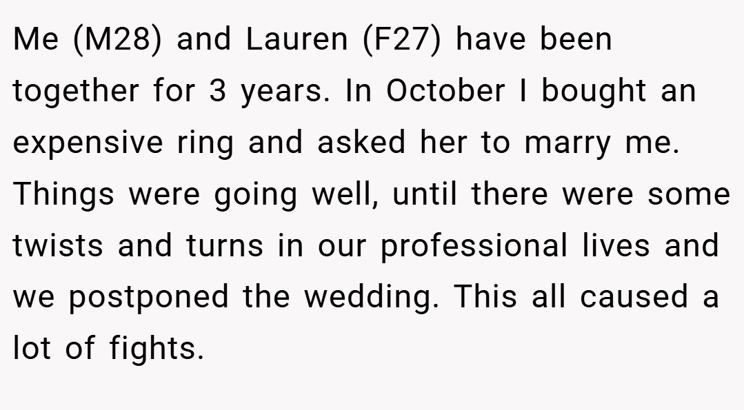 Me (M28) and Lauren (F27) have been together for 3 years. In October I bought an expensive ring and asked her to marry me. Things were going well, until there were some twists and turns in our professional lives and we postponed the wedding. This all caused a lot of fights.