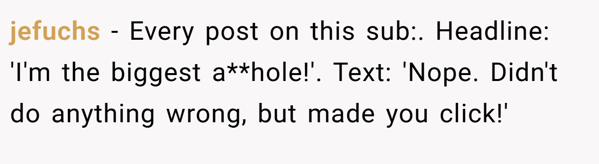 jefuchs - Every post on this sub:. Headline: 'I'm the biggest a**hole!'. Text: 'Nope. Didn't do anything wrong, but made you click!'