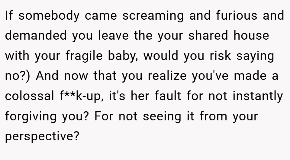 If somebody came screaming and furious and demanded you leave the your shared house with your fragile baby, would you risk saying no?) And now that you realize you've made a colossal f**k-up, it's her fault for not instantly forgiving you? For not seeing it from your perspective?