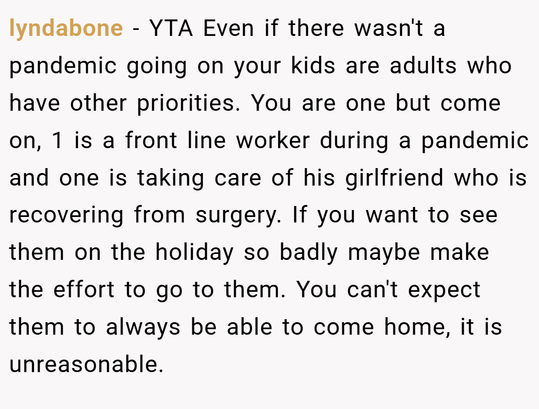 lyndabone − YTA Even if there wasn't a pandemic going on your kids are adults who have other priorities. You are one but come on, 1 is a front line worker during a pandemic and one is taking care of his girlfriend who is recovering from surgery. If you want to see them on the holiday so badly maybe make the effort to go to them. You can't expect them to always be able to come home, it is unreasonable.