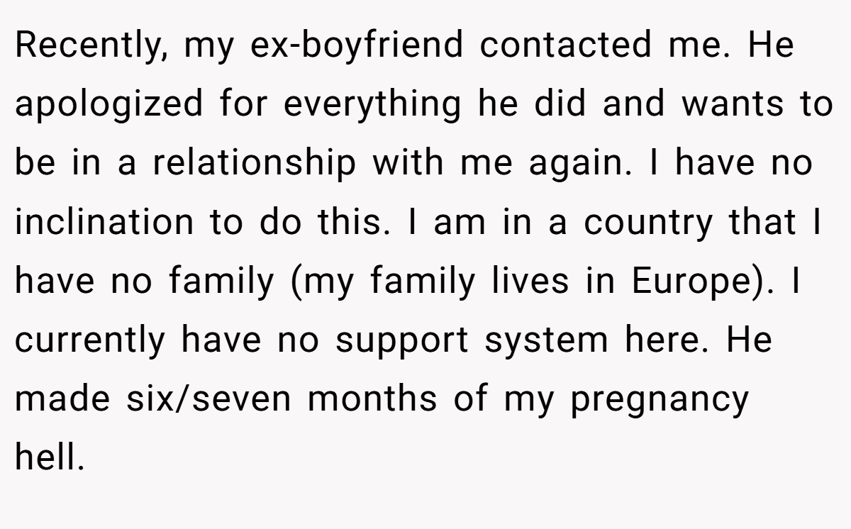 Recently, my ex-boyfriend contacted me. He apologized for everything he did and wants to be in a relationship with me again. I have no inclination to do this. I am in a country that I have no family (my family lives in Europe). I currently have no support system here. He made six/seven months of my pregnancy hell.
