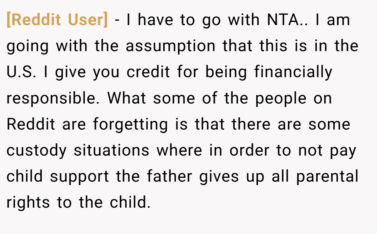 [Reddit User] - I have to go with NTA.. I am going with the assumption that this is in the U.S. I give you credit for being financially responsible. What some of the people on Reddit are forgetting is that there are some custody situations where in order to not pay child support the father gives up all parental rights to the child.