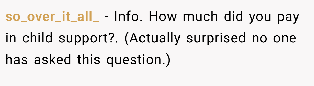 so_over_it_all_ - Info. How much did you pay in child support?. (Actually surprised no one has asked this question.)