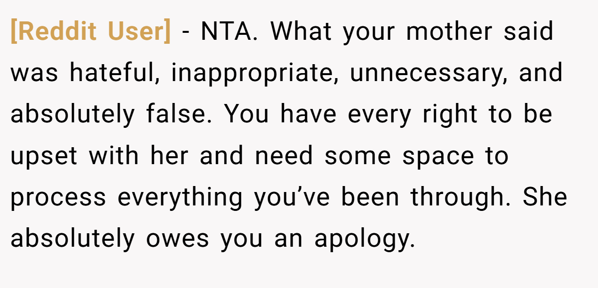 [Reddit User] - NTA. What your mother said was hateful, inappropriate, unnecessary, and absolutely false. You have every right to be upset with her and need some space to process everything you’ve been through. She absolutely owes you an apology.
