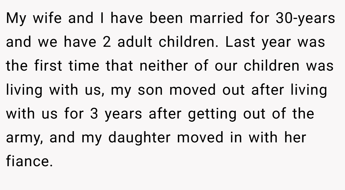 My wife and I have been married for 30-years and we have 2 adult children. Last year was the first time that neither of our children was living with us, my son moved out after living with us for 3 years after getting out of the army, and my daughter moved in with her fiance.