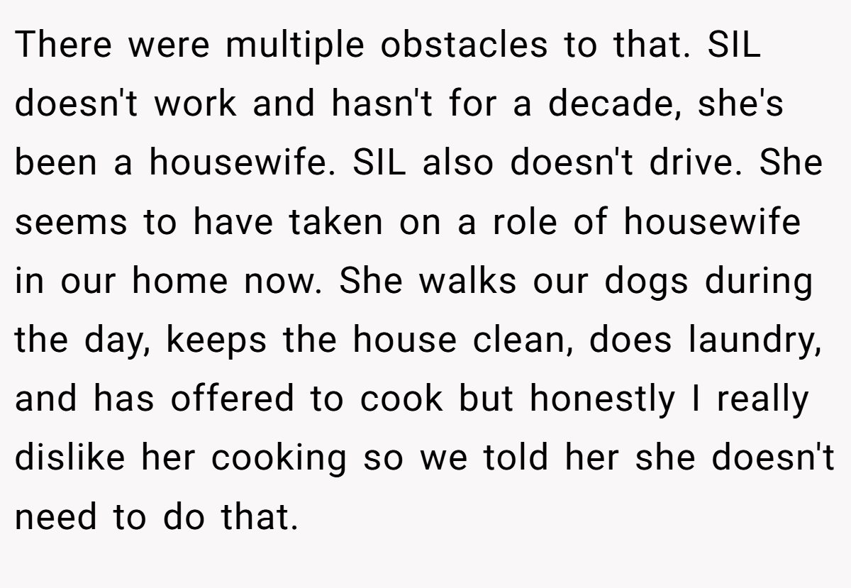 There were multiple obstacles to that. SIL doesn't work and hasn't for a decade, she's been a housewife. SIL also doesn't drive. She seems to have taken on a role of housewife in our home now. She walks our dogs during the day, keeps the house clean, does laundry, and has offered to cook but honestly I really dislike her cooking so we told her she doesn't need to do that.