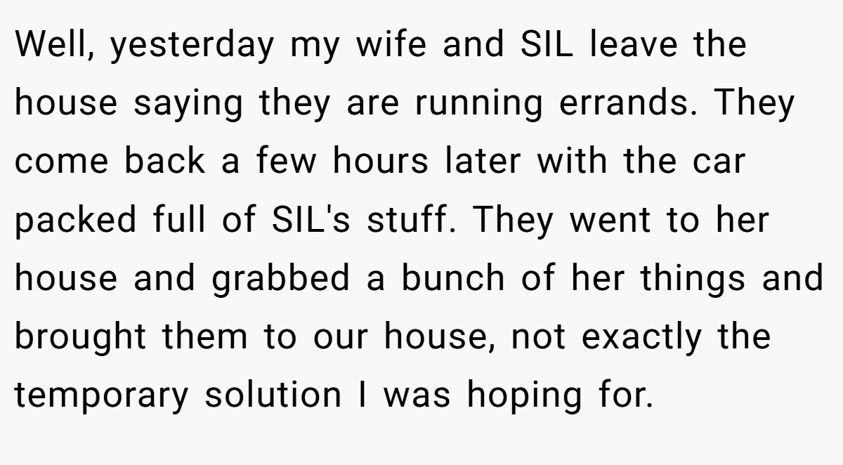 Well, yesterday my wife and SIL leave the house saying they are running errands. They come back a few hours later with the car packed full of SIL's stuff. They went to her house and grabbed a bunch of her things and brought them to our house, not exactly the temporary solution I was hoping for.
