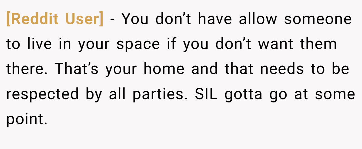 [Reddit User] − You don’t have allow someone to live in your space if you don’t want them there. That’s your home and that needs to be respected by all parties. SIL gotta go at some point.