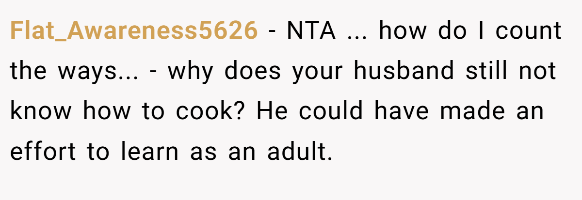 Flat_Awareness5626 − NTA ... how do I count the ways... - why does your husband still not know how to cook? He could have made an effort to learn as an adult.