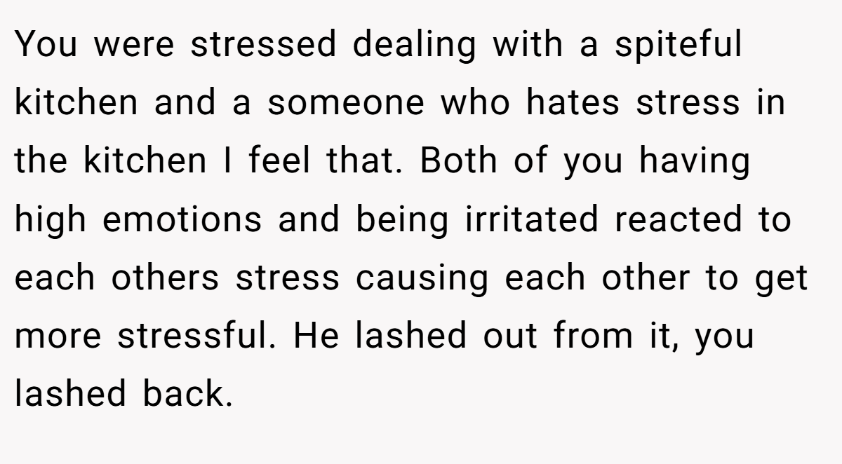 You were stressed dealing with a spiteful kitchen and a someone who hates stress in the kitchen I feel that. Both of you having high emotions and being irritated reacted to each others stress causing each other to get more stressful. He lashed out from it, you lashed back.