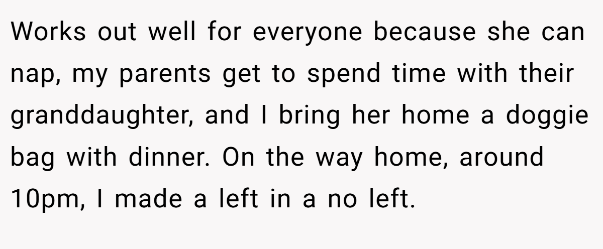 Works out well for everyone because she can nap, my parents get to spend time with their granddaughter, and I bring her home a doggie bag with dinner. On the way home, around 10pm, I made a left in a no left.