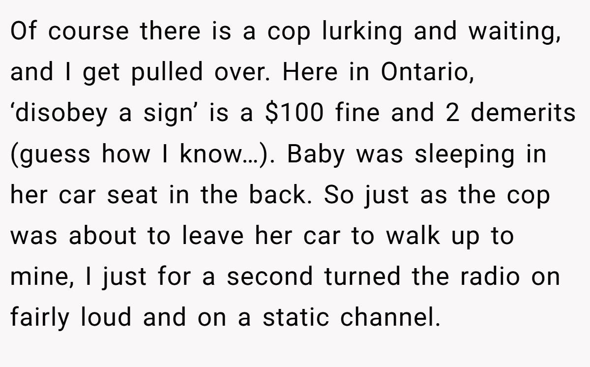Of course there is a cop lurking and waiting, and I get pulled over. Here in Ontario, ‘disobey a sign’ is a $100 fine and 2 demerits (guess how I know…). Baby was sleeping in her car seat in the back. So just as the cop was about to leave her car to walk up to mine, I just for a second turned the radio on fairly loud and on a static channel.