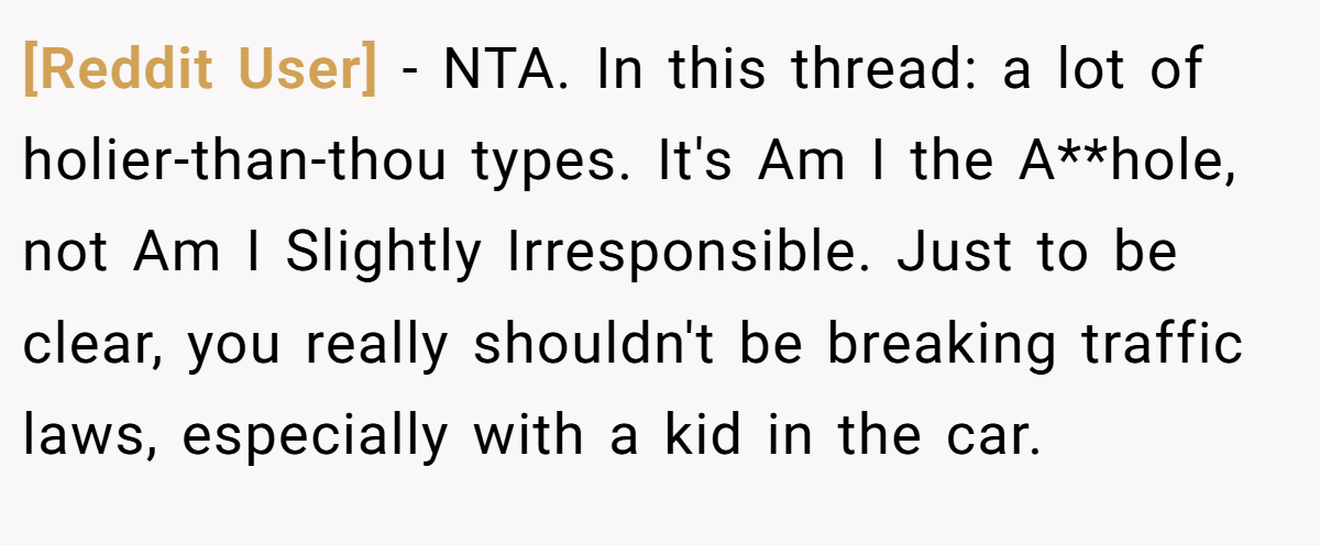 [Reddit User] − NTA. In this thread: a lot of holier-than-thou types. It's Am I the A**hole, not Am I Slightly Irresponsible. Just to be clear, you really shouldn't be breaking traffic laws, especially with a kid in the car.