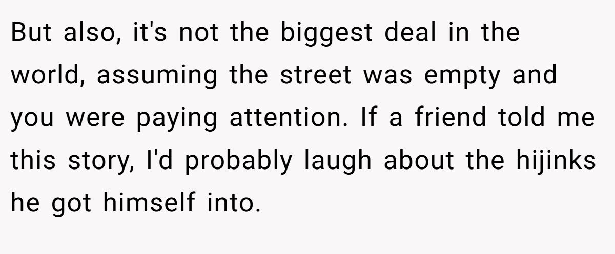 But also, it's not the biggest deal in the world, assuming the street was empty and you were paying attention. If a friend told me this story, I'd probably laugh about the hijinks he got himself into.