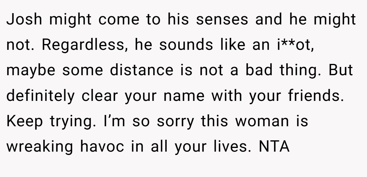 Josh might come to his senses and he might not. Regardless, he sounds like an i**ot, maybe some distance is not a bad thing. But definitely clear your name with your friends. Keep trying. I’m so sorry this woman is wreaking havoc in all your lives. NTA