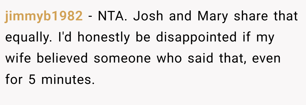 jimmyb1982 − NTA. Josh and Mary share that equally. I'd honestly be disappointed if my wife believed someone who said that, even for 5 minutes.