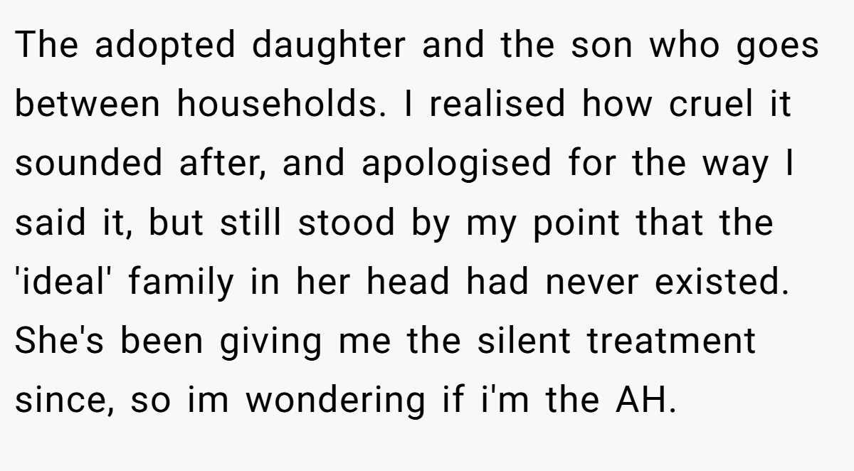The adopted daughter and the son who goes between households. I realised how cruel it sounded after, and apologised for the way I said it, but still stood by my point that the 'ideal' family in her head had never existed. She's been giving me the silent treatment since, so im wondering if i'm the AH.