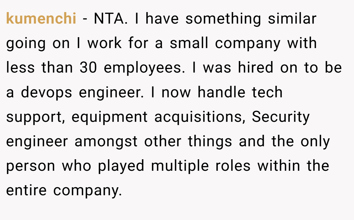 kumenchi − NTA. I have something similar going on I work for a small company with less than 30 employees. I was hired on to be a devops engineer. I now handle tech support, equipment acquisitions, Security engineer amongst other things and the only person who played multiple roles within the entire company.