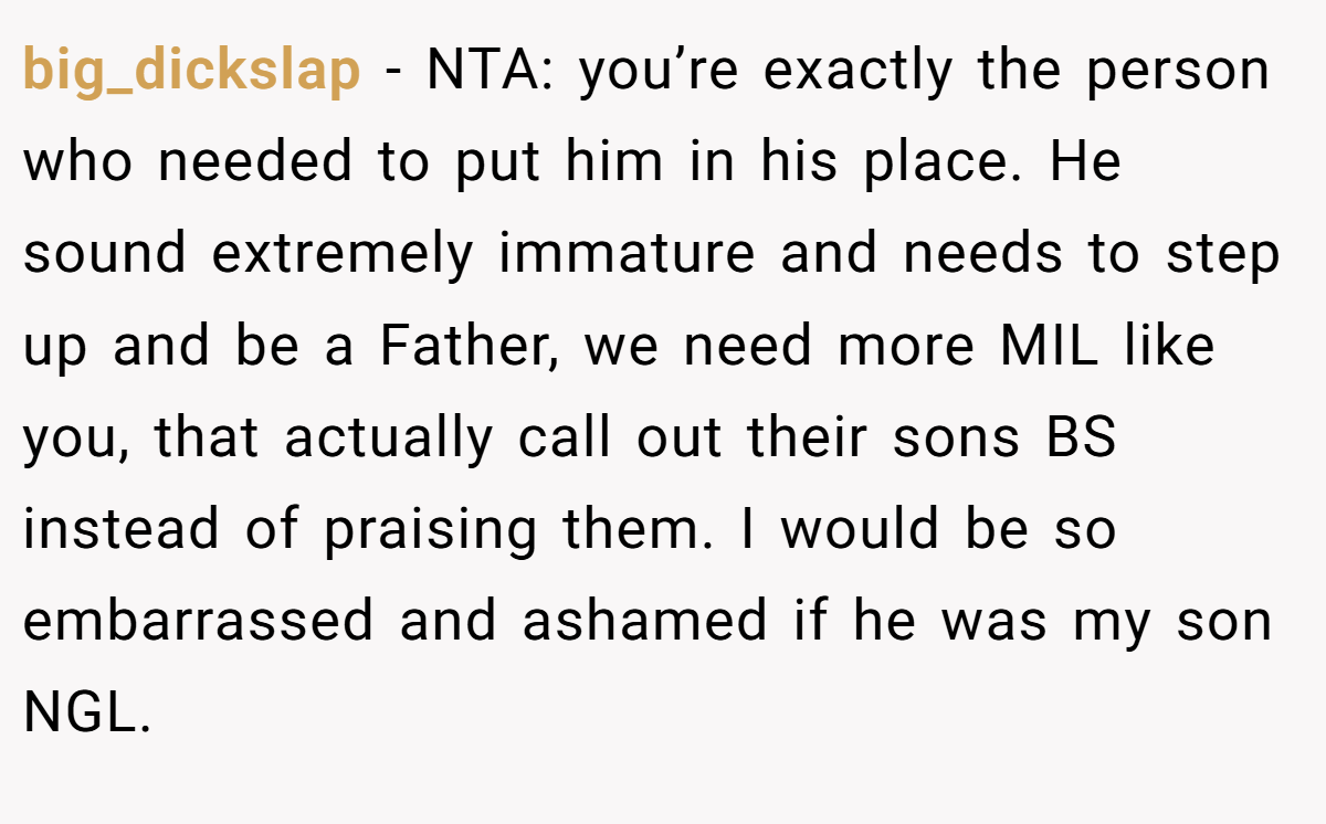 big_dickslap - NTA: you’re exactly the person who needed to put him in his place. He sound extremely immature and needs to step up and be a Father, we need more MIL like you, that actually call out their sons BS instead of praising them. I would be so embarrassed and ashamed if he was my son NGL.