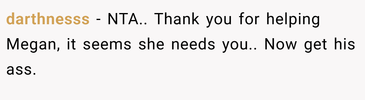 darthnesss - NTA.. Thank you for helping Megan, it seems she needs you.. Now get his ass.