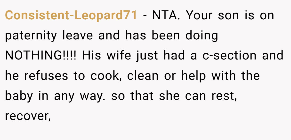 Consistent-Leopard71 - NTA. Your son is on paternity leave and has been doing NOTHING!!!! His wife just had a c-section and he refuses to cook, clean or help with the baby in any way. so that she can rest, recover,
