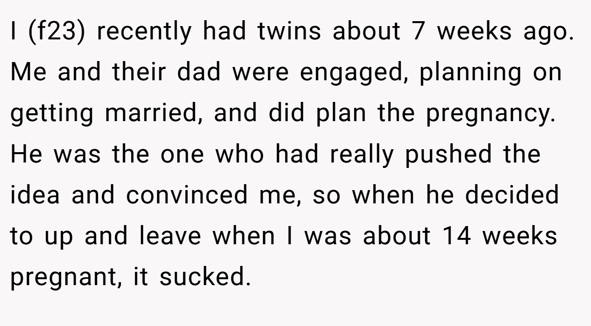I (f23) recently had twins about 7 weeks ago. Me and their dad were engaged, planning on getting married, and did plan the pregnancy. He was the one who had really pushed the idea and convinced me, so when he decided to up and leave when I was about 14 weeks pregnant, it sucked.