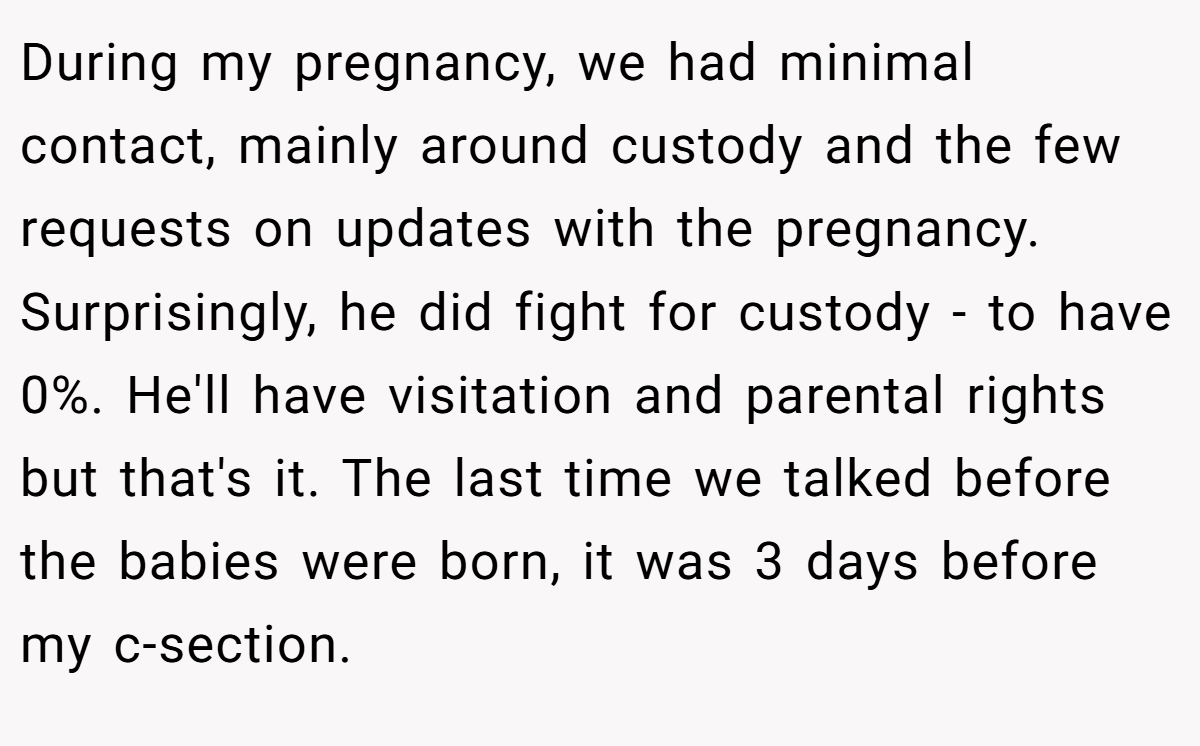 During my pregnancy, we had minimal contact, mainly around custody and the few requests on updates with the pregnancy. Surprisingly, he did fight for custody - to have 0%. He'll have visitation and parental rights but that's it. The last time we talked before the babies were born, it was 3 days before my c-section.