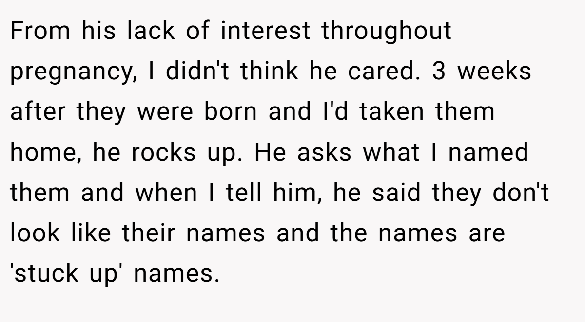 From his lack of interest throughout pregnancy, I didn't think he cared. 3 weeks after they were born and I'd taken them home, he rocks up. He asks what I named them and when I tell him, he said they don't look like their names and the names are 'stuck up' names.