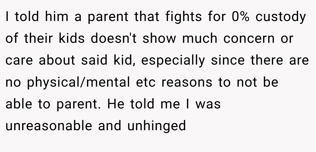 I told him a parent that fights for 0% custody of their kids doesn't show much concern or care about said kid, especially since there are no physical/mental etc reasons to not be able to parent. He told me I was unreasonable and unhinged