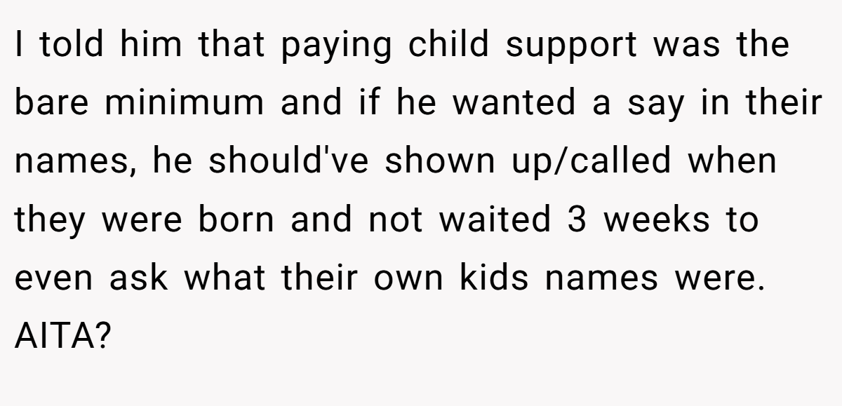 I told him that paying child support was the bare minimum and if he wanted a say in their names, he should've shown up/called when they were born and not waited 3 weeks to even ask what their own kids names were. AITA?