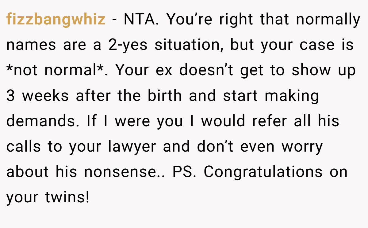 fizzbangwhiz − NTA. You’re right that normally names are a 2-yes situation, but your case is *not normal*. Your ex doesn’t get to show up 3 weeks after the birth and start making demands. If I were you I would refer all his calls to your lawyer and don’t even worry about his nonsense.. PS. Congratulations on your twins!