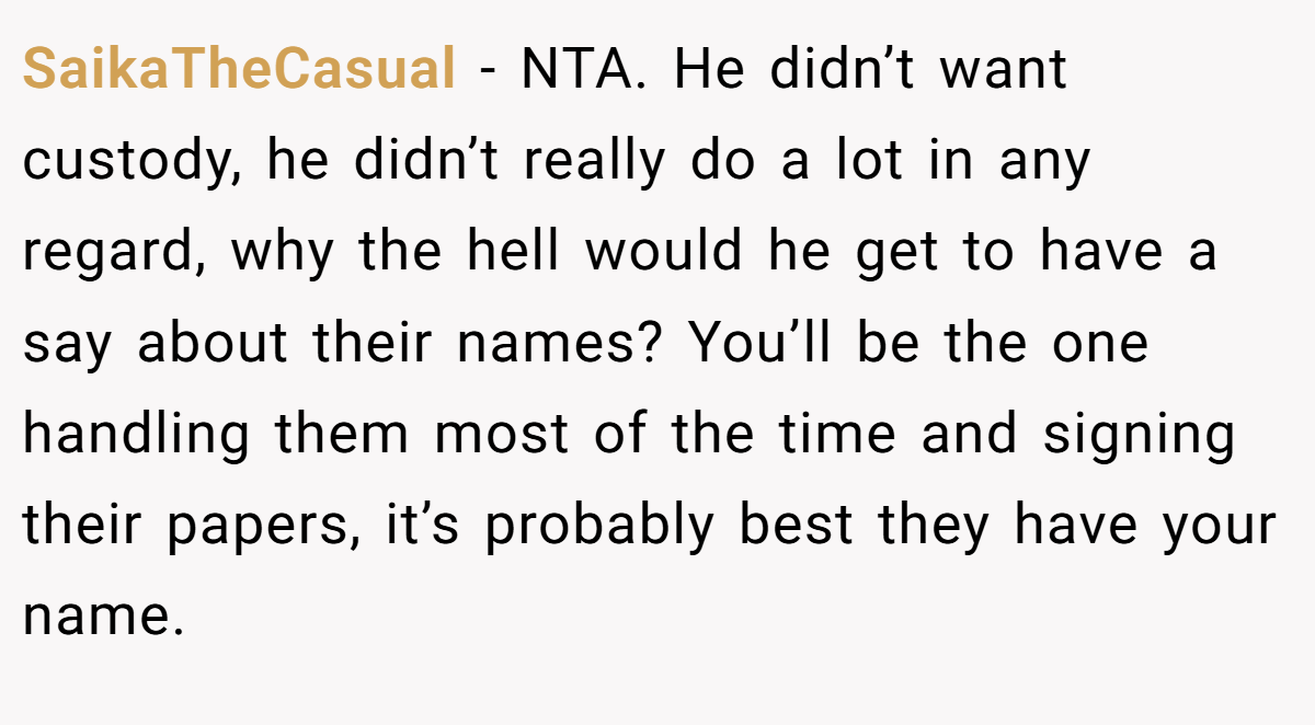SaikaTheCasual − NTA. He didn’t want custody, he didn’t really do a lot in any regard, why the hell would he get to have a say about their names? You’ll be the one handling them most of the time and signing their papers, it’s probably best they have your name.