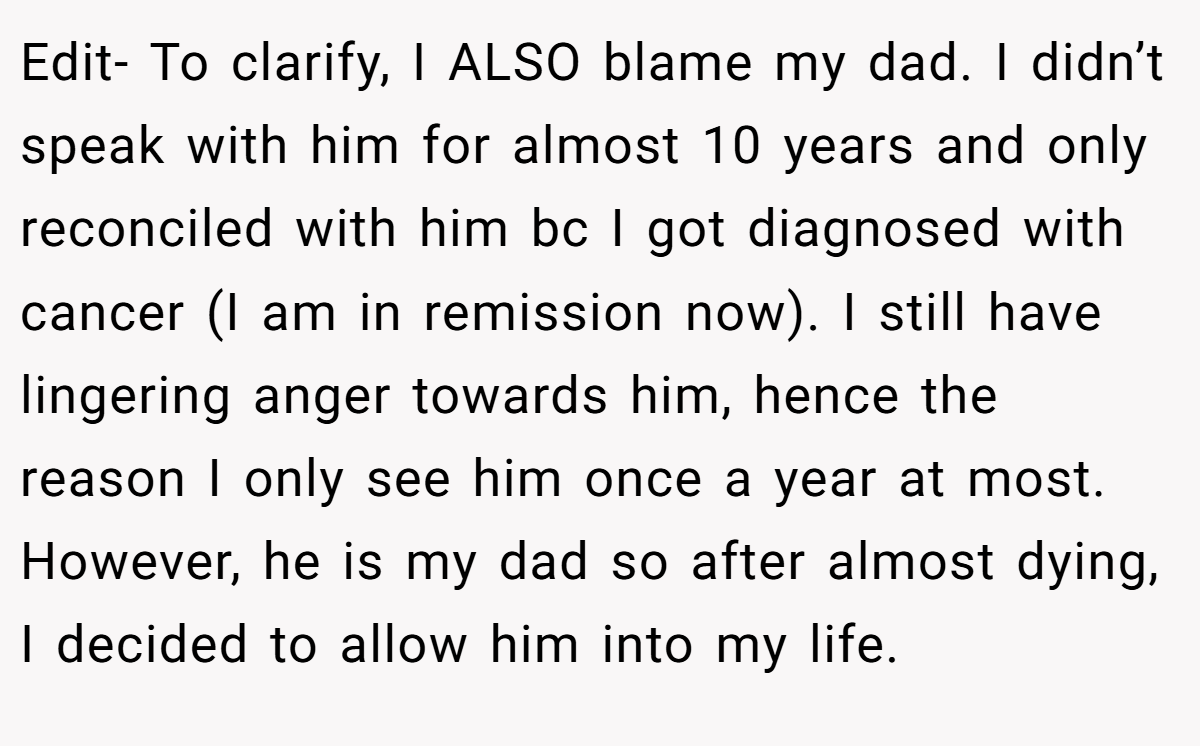 Edit- To clarify, I ALSO blame my dad. I didn’t speak with him for almost 10 years and only reconciled with him bc I got diagnosed with cancer (I am in remission now). I still have lingering anger towards him, hence the reason I only see him once a year at most. However, he is my dad so after almost dying, I decided to allow him into my life.