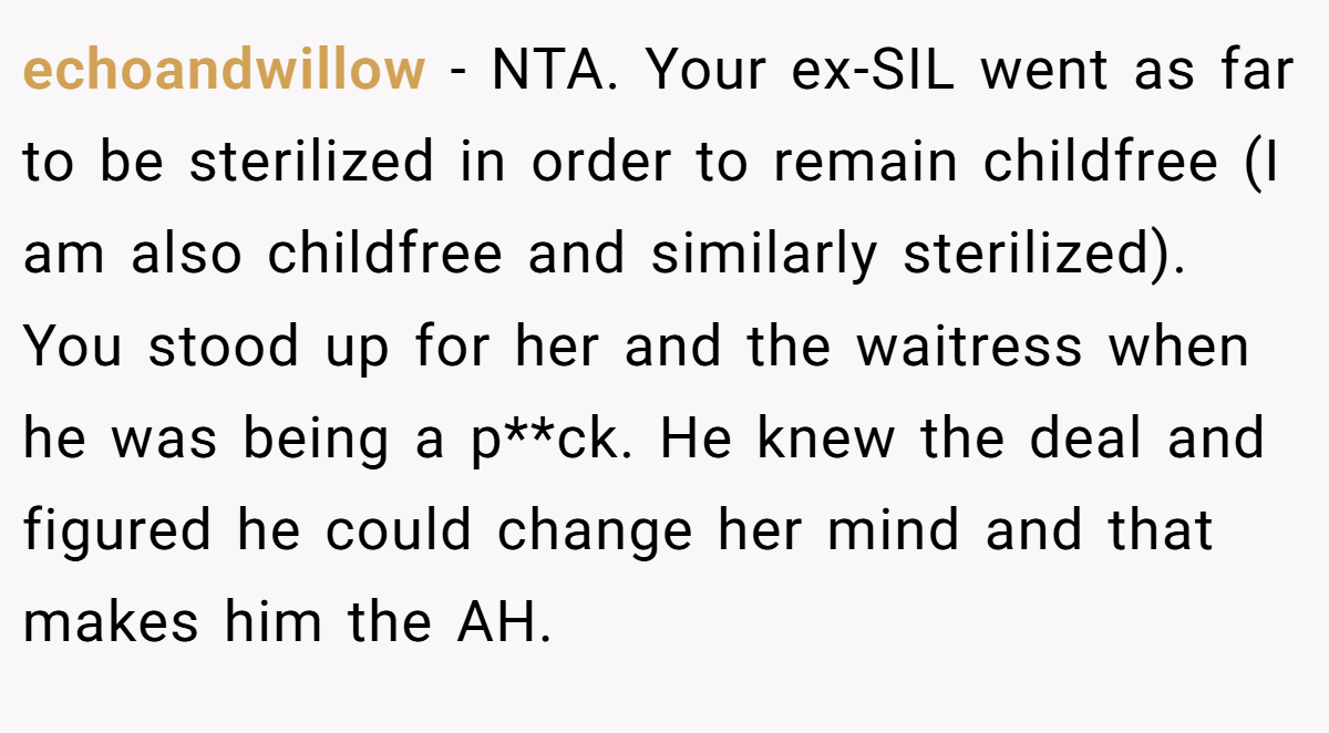 echoandwillow − NTA. Your ex-SIL went as far to be sterilized in order to remain childfree (I am also childfree and similarly sterilized). You stood up for her and the waitress when he was being a p**ck. He knew the deal and figured he could change her mind and that makes him the AH.