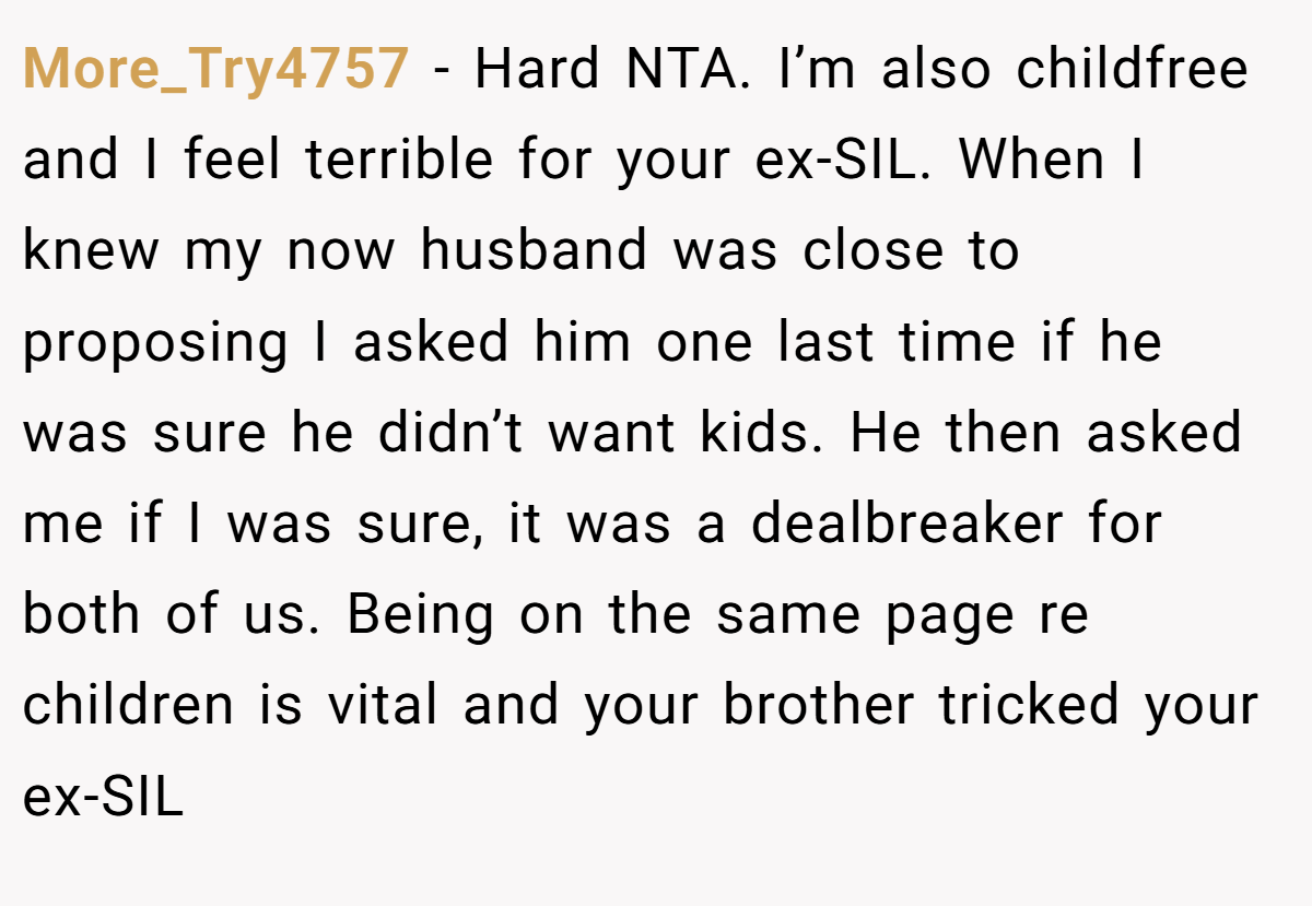 More_Try4757 − Hard NTA. I’m also childfree and I feel terrible for your ex-SIL. When I knew my now husband was close to proposing I asked him one last time if he was sure he didn’t want kids. He then asked me if I was sure, it was a dealbreaker for both of us. Being on the same page re children is vital and your brother tricked your ex-SIL